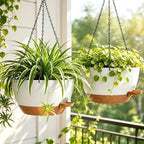 12" self watering hanging planters with chains, white showing dimensions