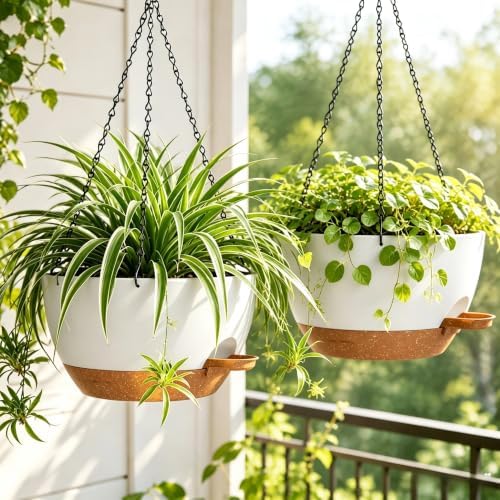 12" self watering hanging planters with chains, white showing dimensions