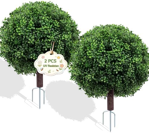 27.5" artificial boxwood topiary ball trees for outdoors shown in use
