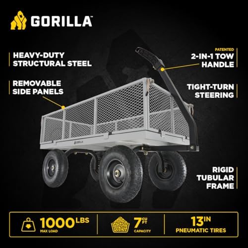 gorilla carts steel utility garden cart, 1000 lb. showing dimensions