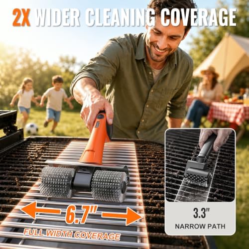 electric grill brush - dual rotating heads cordless, close-up detail
