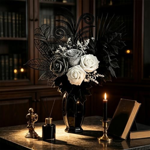 fake flowers for vase, black, white & silver, package contents