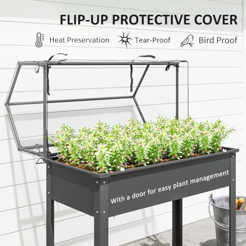 outsunny raised garden bed with flip-up cover, 39.4"x18.9"x48.8", close-up detail