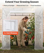 vevor walk-in greenhouse, 76.8" x 30.3" x 66.1" showing dimensions