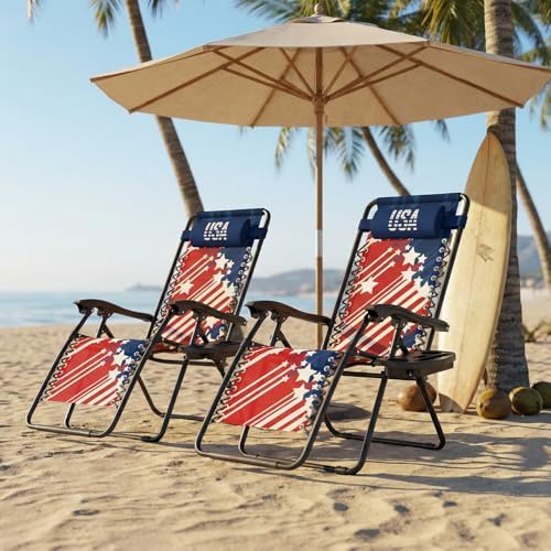 Athena Collection Zero Gravity Chair, Outdoor Lounge Chair- Us Flag | with Adjustable Pillow and Cup Holder, Reclining Camping Chair for Outside Beach Lawn Garden Patio Poolside