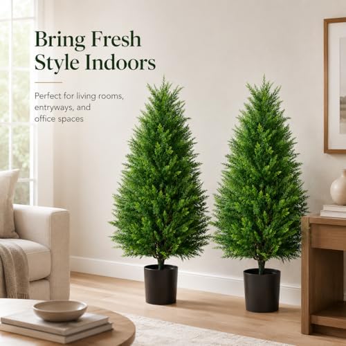 artificial topiary cedar trees, 3ft tall, set of, close-up detail