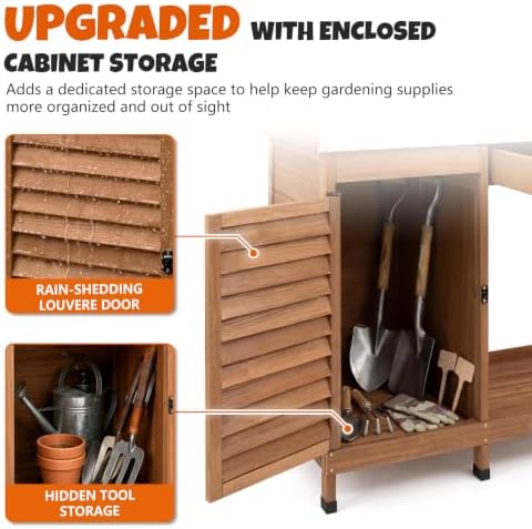 outdoor potting bench with metal top, sliding drawer shown in use