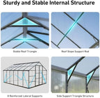 10x12 ft greenhouse with hygrometer, windproof uv protection showing dimensions