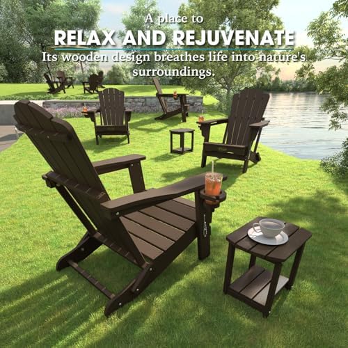 THOEOE Folding Adirondack Chair Set of 2, HDPE Plastic Patio Chairs | All-Weather Outdoor Chairs, Oversized Fire Pit Chairs, with Cup Holder, Wood Grain, for Deck, Backyard, Garden, Lawn, Brown