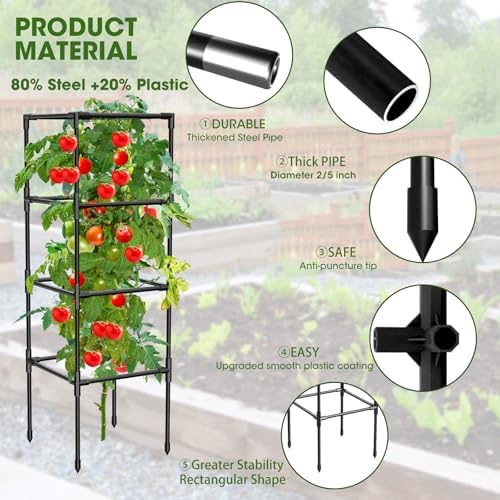 tomato cages, square tomato plant stakes support cages shown in use