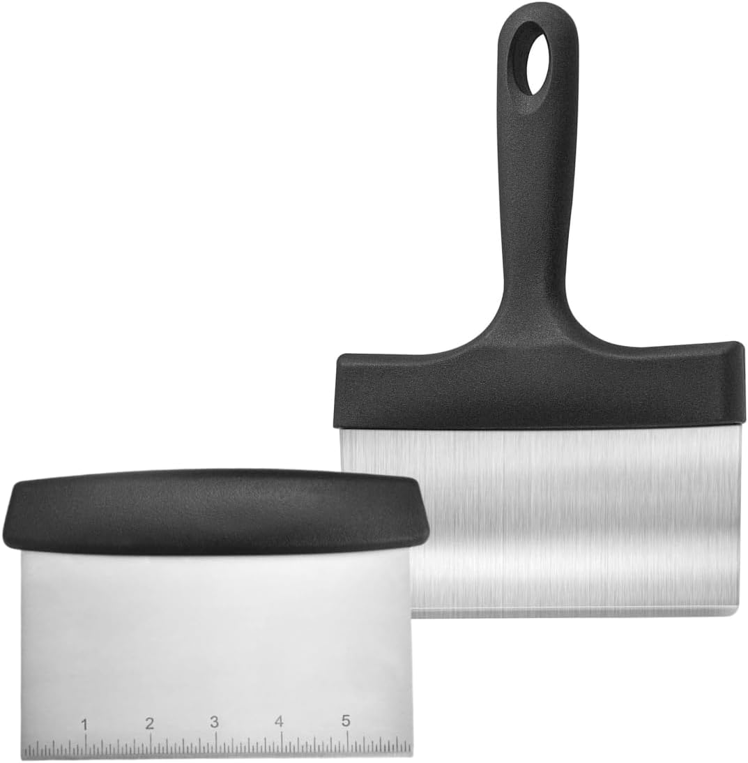 2-in-1 Blackstone Griddle Scraper & Chopper - Heavy Duty Stainless Steel Blade, 6" Wide Flat Edge for Cleaning & Cooking, Heat Resistant & Dishwasher Safe, Compatible with any Flat Top Griddle