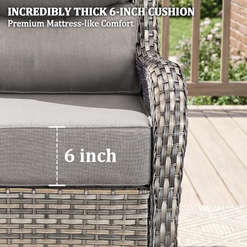 Luxury Swivel Rocker Chairs Fire Pit Set with 6" Thick Cushion 7 piece Wicker Outdoor Patio Chair with Sofa and Ottoman,Comfortable High Back Outdoor Patio Furniture Set - Gray | Gray
