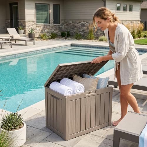 outdoor storage box, 50 gallon waterproof deck box, view 9