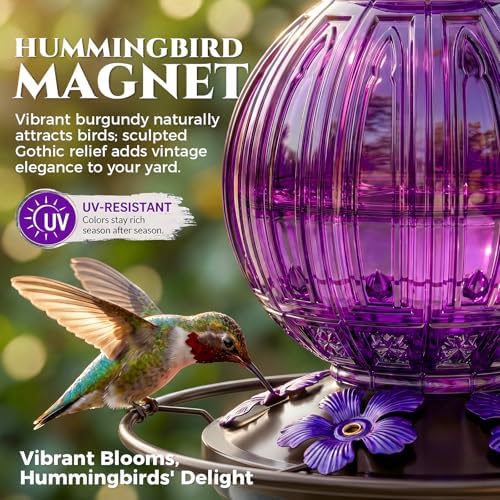 Glass Hummingbird Feeder for Outdoors Hanging, 26 fl oz Bird Nectar Feeder | 5 Metal Flower Feeding Ports, 360° Perch Ring, Easy Refill Clean, Leakproof, Ideal for Backyard Garden Outdoor Decor, Purple