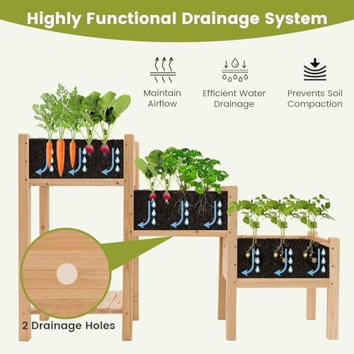 costway raised garden bed, 3-tier wooden elevated planter showing dimensions