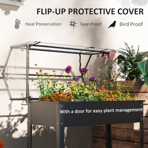 outsunny raised garden bed with flip-up cover, 39.4"x18.9"x48.8", close-up detail