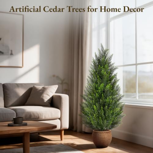4ft artificial cedar trees, set of 2 faux on a desk or shelf