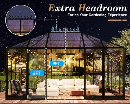 howe 14x9.5x9 ft pavilion styled greenhouse with clear, close-up detail