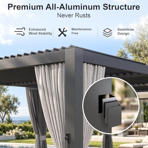 aoxun louvered pergola 12x20 all-aluminum, waterproof curtains and, side view