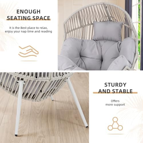 Vongrasig Outdoor Wicker Egg Chair PE Rattan Chair with Cushion, Oversized Patio Lounge Chair for Outdoor, Indoor, Balcony, Backyard, Garden, Grey/Beige Rattan