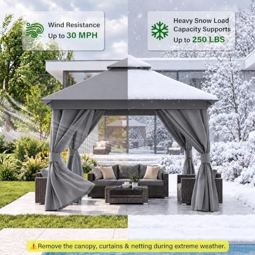 lausaint home 10x10 gazebo canopy with netting, curtains, front angle view