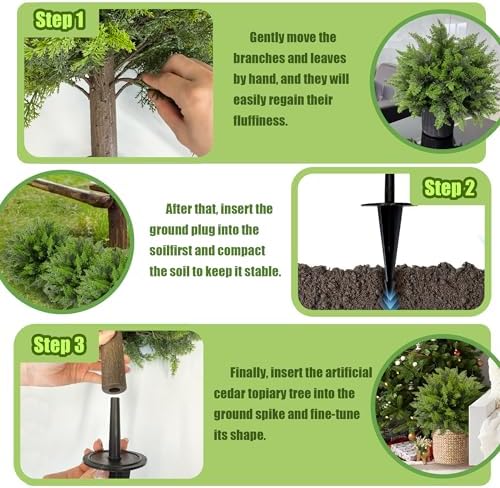 artificial cedar topiary ball tree with ground spike:, close-up detail