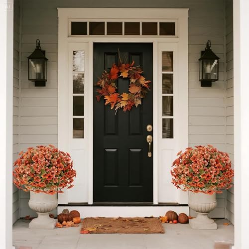 2 sets artificial fall flowers topiary ball trees, side view
