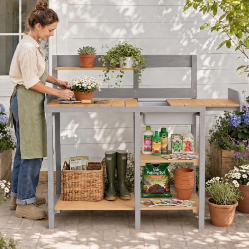 wooden potting bench table with sink,outdoor garden table on a desk or shelf