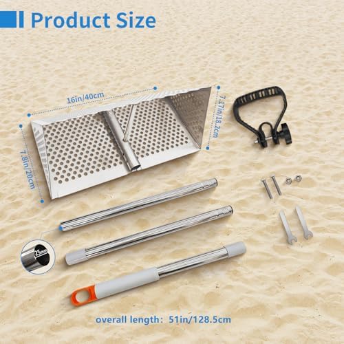 sand flea rake, detachable long handle sand sifter shown in use