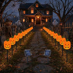 BRIGHTDECK Halloween Solar Pathway Lights Outdoor, LED Decor, Light Up Solar Stake Lights for Holiday, Halloween, Walkway, Sidewalk (Long Pumpkin, 20-Pack)
