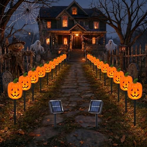 BRIGHTDECK Halloween Solar Pathway Lights Outdoor, LED Decor, Light Up Solar Stake Lights for Holiday, Halloween, Walkway, Sidewalk (Long Pumpkin, 20-Pack)