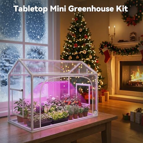 mini greenhouse with grow light, timer & hygrothermograph shown in use