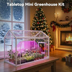mini greenhouse with grow light, timer & hygrothermograph shown in use