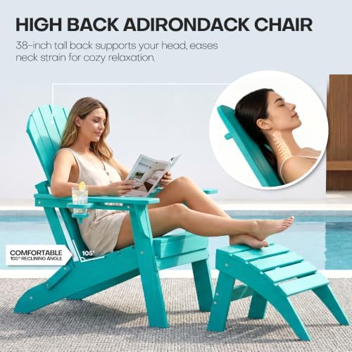 HDPE 3-Piece Folding Adirondack Chair Set, Aruba Blue | 38" Extra Tall Back & Embossed Wood Grain, Oversized HDPE Patio Furniture with Side Table & Cup Holders, All Weather
