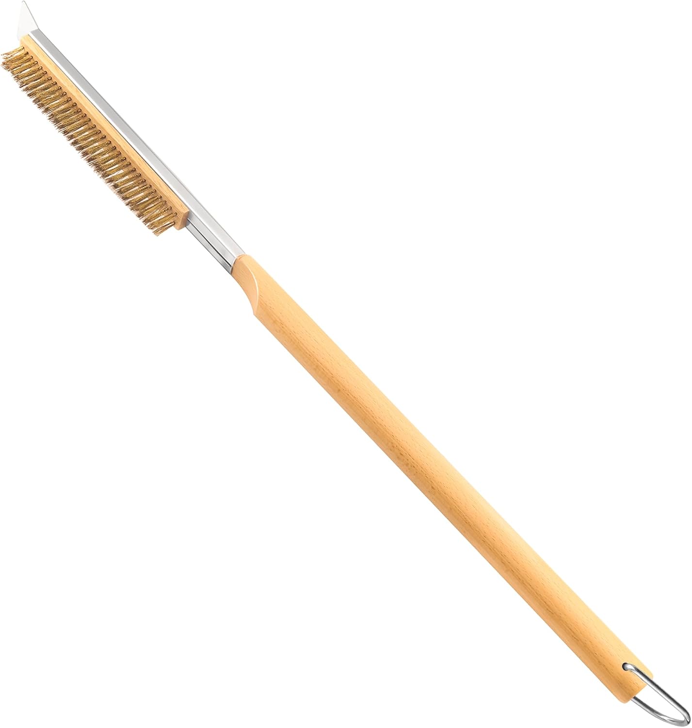 26'' Pizza Brush with Stainless Steel Stone Scraper - Brass Bristles - Wood Handle - Hanging Ring - Outdoor Pizza Oven Accessory - Compatible with Ooni, Gozney, Blackstone, Solo Stove Ovens