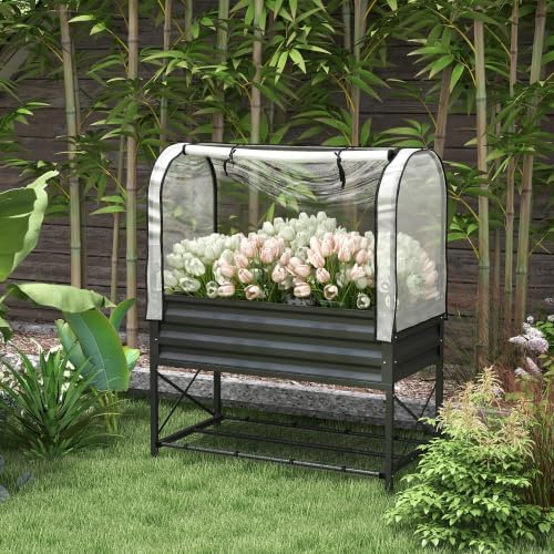 outsunny raised garden bed with cover and storage shown in use