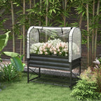 outsunny raised garden bed with cover and storage shown in use