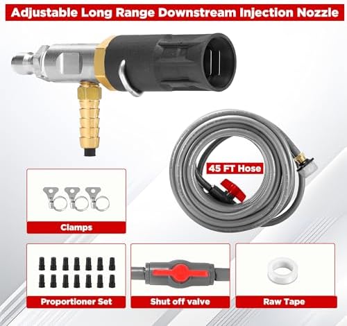 adjustable long-range chemical injection, 2-2.5 gpm, 45ft hose on a desk or shelf