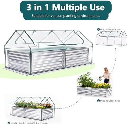 dumos galvanized raised garden bed with cover, clear shown in use