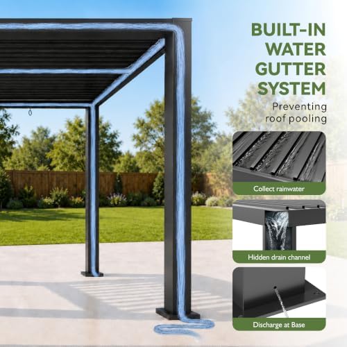 aoxun motorized louvered pergola 9'x12' with led lights, view 11