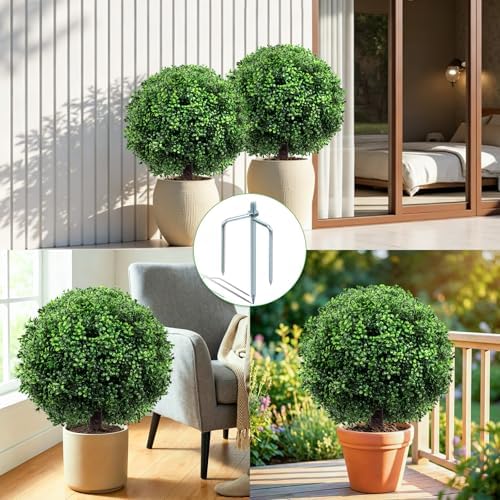 27.5" artificial boxwood topiary ball trees for outdoors on a desk or shelf