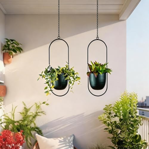 modern metal hanging planters with 6 inch pots on a desk or shelf