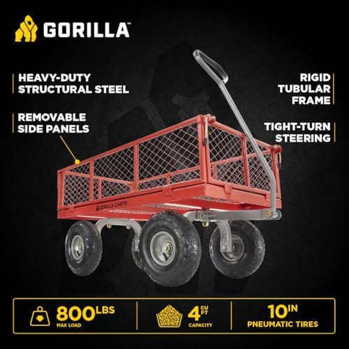 gorilla carts steel utility garden cart, 800 lb. shown in use