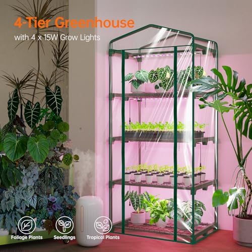 bstrip indoor greenhouse with grow light, 4-tier mini, side view