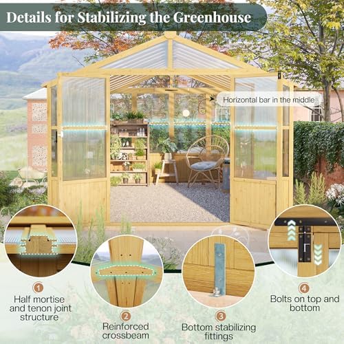 jocisland 10 x 13.2-ft wooden greenhouse, front angle view