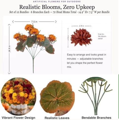 axylex artificial mums for outdoors, 12 bundles fake shown in use