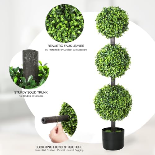 3ft artificial triple ball boxwood topiary tree,set of, close-up detail