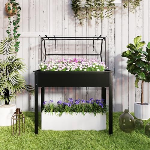 outsunny raised garden bed with flip-up cover, 39.4"x18.9"x48.8", front angle view