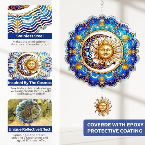 Sun and Moon Wind Spinners Outdoor Hanging - 12 inch Sun Outdoor Metal Decor Birthday Gifts for Women Mom Grandma,3D Wind Sculptures Art for Yard and Garden Patio Lawn Balcony Porch Decorations