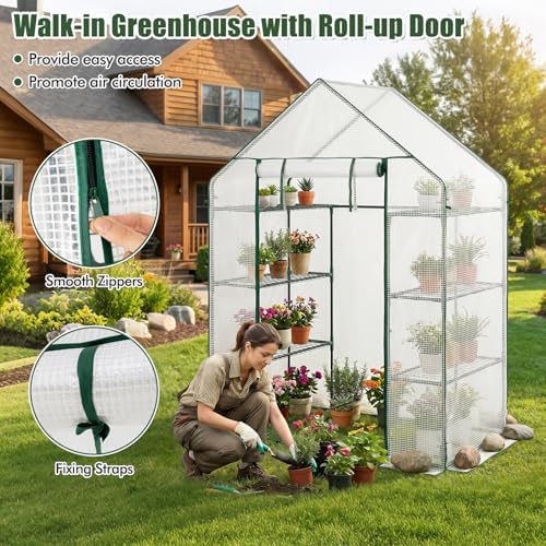 giantex walk-in greenhouse, 4 tier 8 shelves, portable showing dimensions